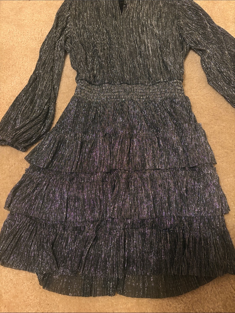 MSK Women's Metallic lined Black Pleated Tiered Long-Sleeve Dress - Picture 3 of 4